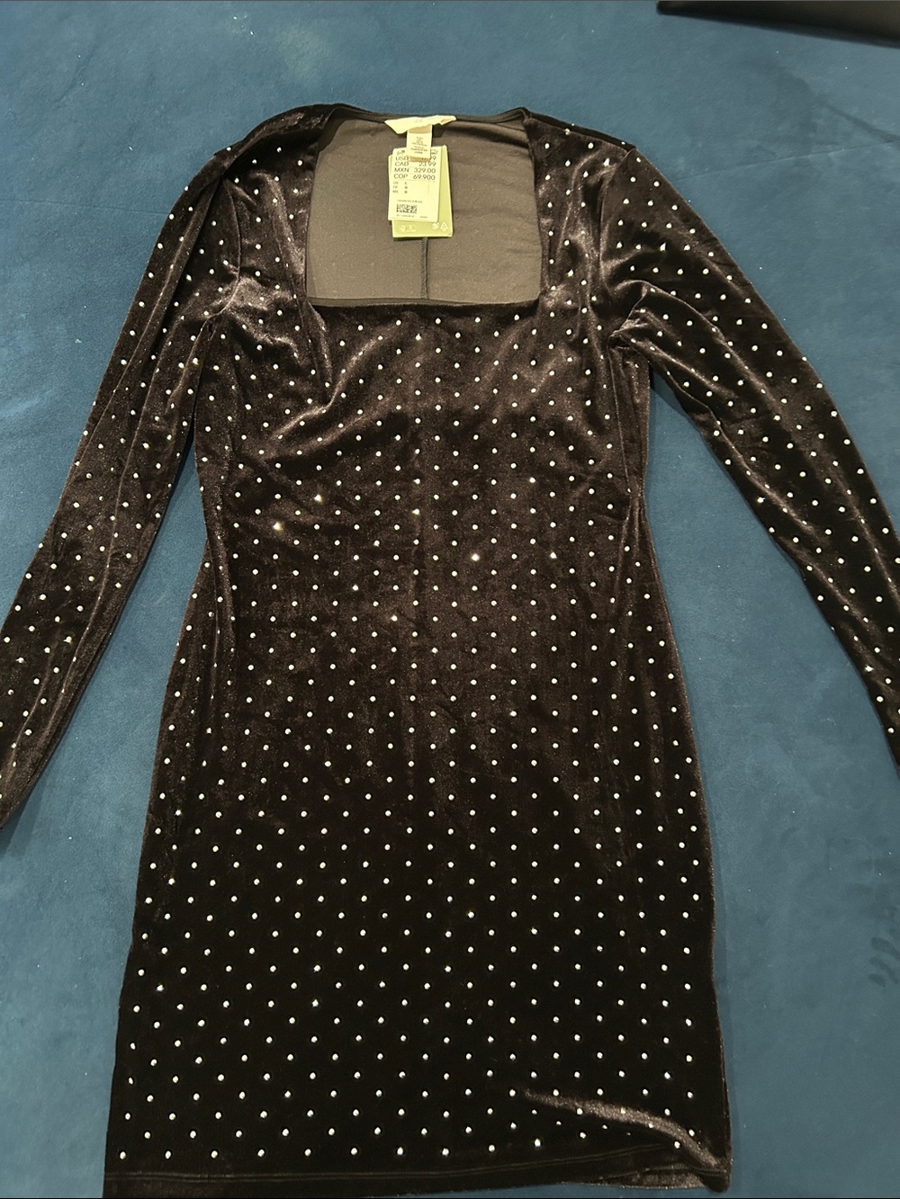 H&M Black Velvet Long Sleeve Dress with Rhinestone Studs